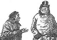 Black and white illustration showing a poor woman begging for money from a opulent looking man