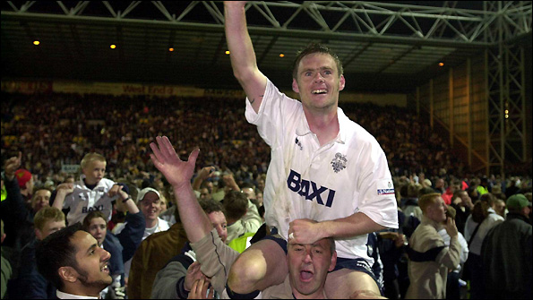 Graham Alexander celebrates a play-off semi-final victory at Preston in May 2001.