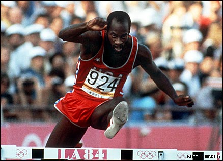 America's Ed Moses on his way to 400m hurdles gold at the 1984 Olympics