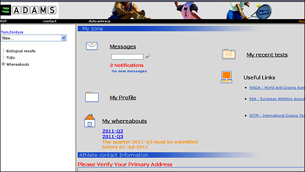 A screengrab of the Adams system