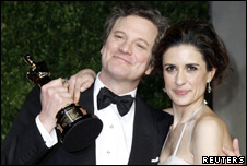 Colin Firth with his Oscar statuette, and his wife Livia Giuggioli