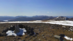 View from the snowy top of Ben Alder on a clear, sunny day.