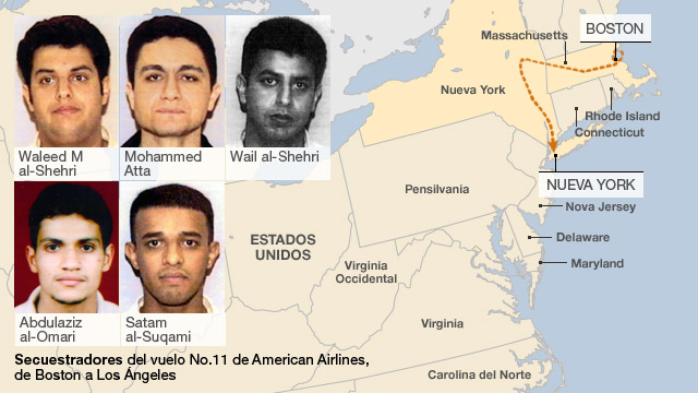 Mapa de la ruta del vuelo No.11 de American Airlines