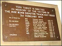 Plaque commemorating M62 bomb victims