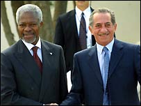 Tassos Papadopulos (vpravo) a Kofi Annan