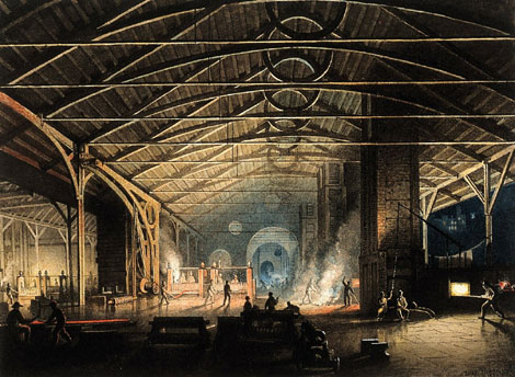 Penry Williams' painting of Cyfarthfa Rolling Mill At Night