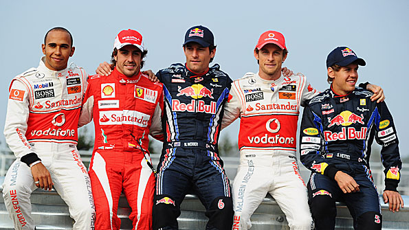 F1 title contenders Lewis Hamilton, Fernando Alonso, Mark Webber, Jenson Button and Sebastian Vettel pose together at the Korean Grand Prix