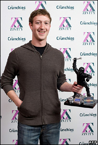 Mark Zuckerberg with one of his Crunchies internet awards