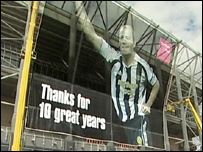 Alan Shearer banner at the Gallowgate end