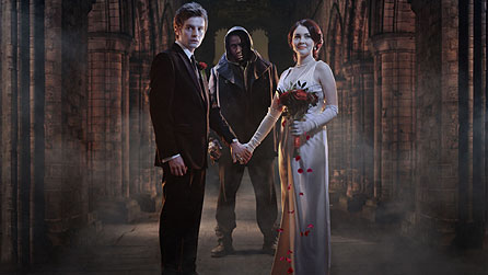 Victor (Andrew Gower), the Creature (David Harewood) and Elizabeth (Lacey Turner) at Kirkstall Abbey
