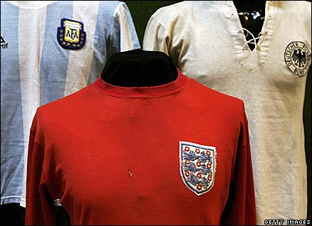 1966 World Cup shirts of Argentina, West Germany and England