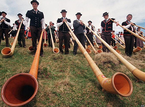 Alpenhorn players meet in the Swiss Alps