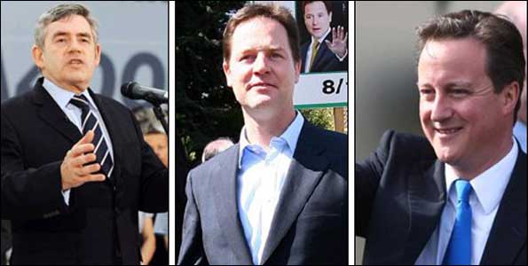 Gordon Brown, Nick Clegg and David Cameron c/o PA