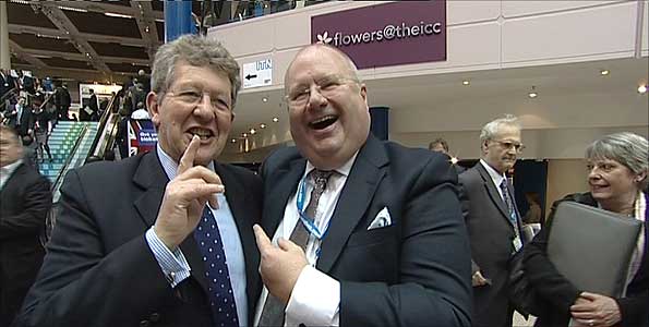 Bath and LibDem MP Don Foster embracing Tory cabinet minister Eric Pickles