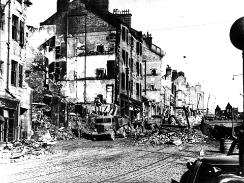 Black and white view of air raid destruction to Kilbowie Road in Clydebank.