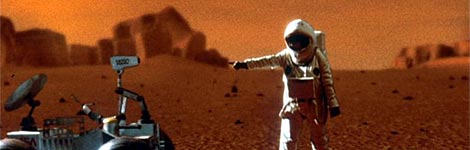 A computer animated image of an astronaut on the surface of Mars