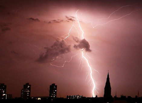 Lightning strikes over south London