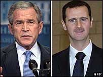 O presidente dos Estados Unidos, George W. Bush, e o presidente da Síria, Bashar Al-Assad