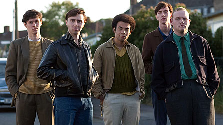 l-r: Boycie (Stephen Lloyd), Del (James Buckley), Denzil (Ashley Gerlach), Trigger (Lewis Osborne) and Jumbo Mills (Lee Long)