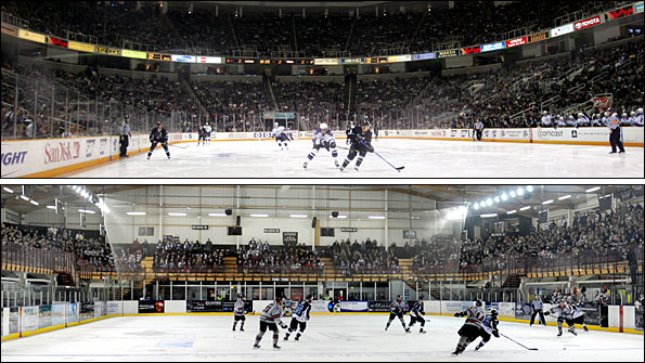 Top: San Jose Sharks' HP Pavilion. Bottom: Manchester Phoenix's Altrincham Ice Dome.