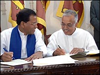 Minister Maithreepala Sirisena (L) with former UNP chairman
