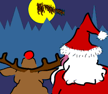 Santa and a reindeer watch the labradors approaching