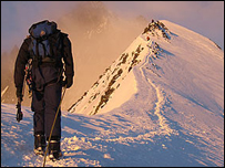 Climbing along a summit ridge