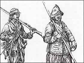 Soldiers from the English Civil Wars. On the left a musketeer, on the right a pikeman.