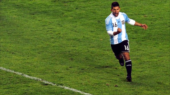 Sergio Aguero celebrates scoring for Argentina.