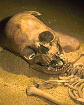 Skeleton of a child burial with a stone in the oral cavity