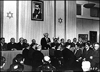 بن گوریون در حال خواندن بیانیه استقلال